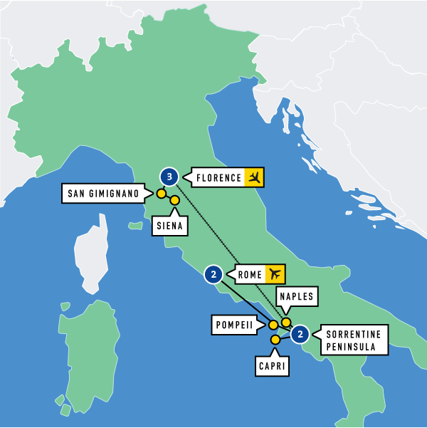 Map of Florence, Sorrento and Rome