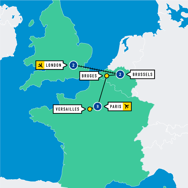 Map of London, Belgium, and Paris