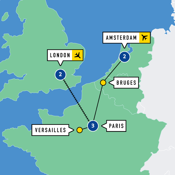 Map of London, Paris and Amsterdam