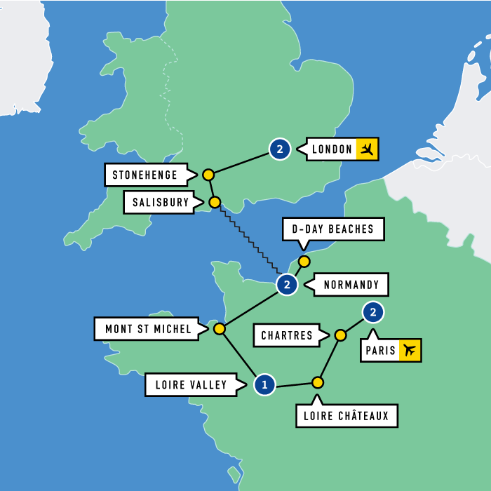 Map of London, Paris, and the Loire