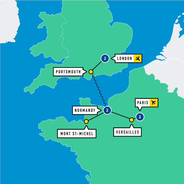 Map of London, Paris, and Normandy