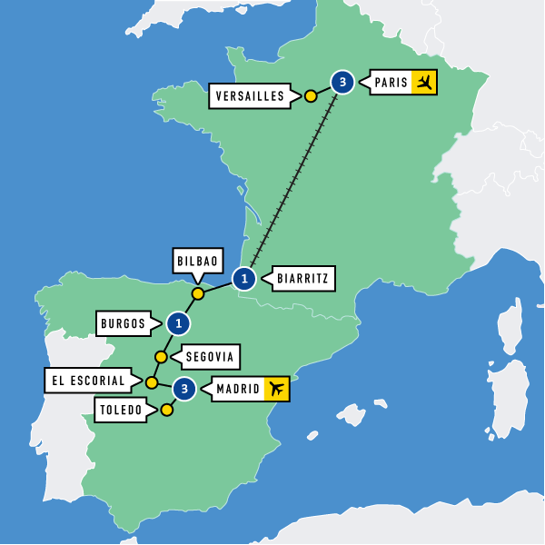 Map of Paris, Pyrenees and Madrid