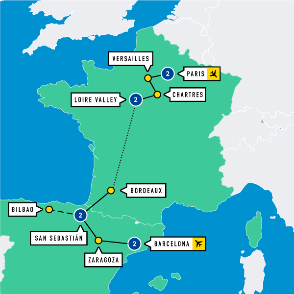 Map of Paris to Barcelona