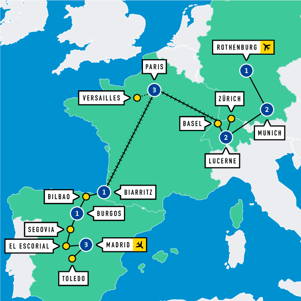 Map of Spain, France, and Germany